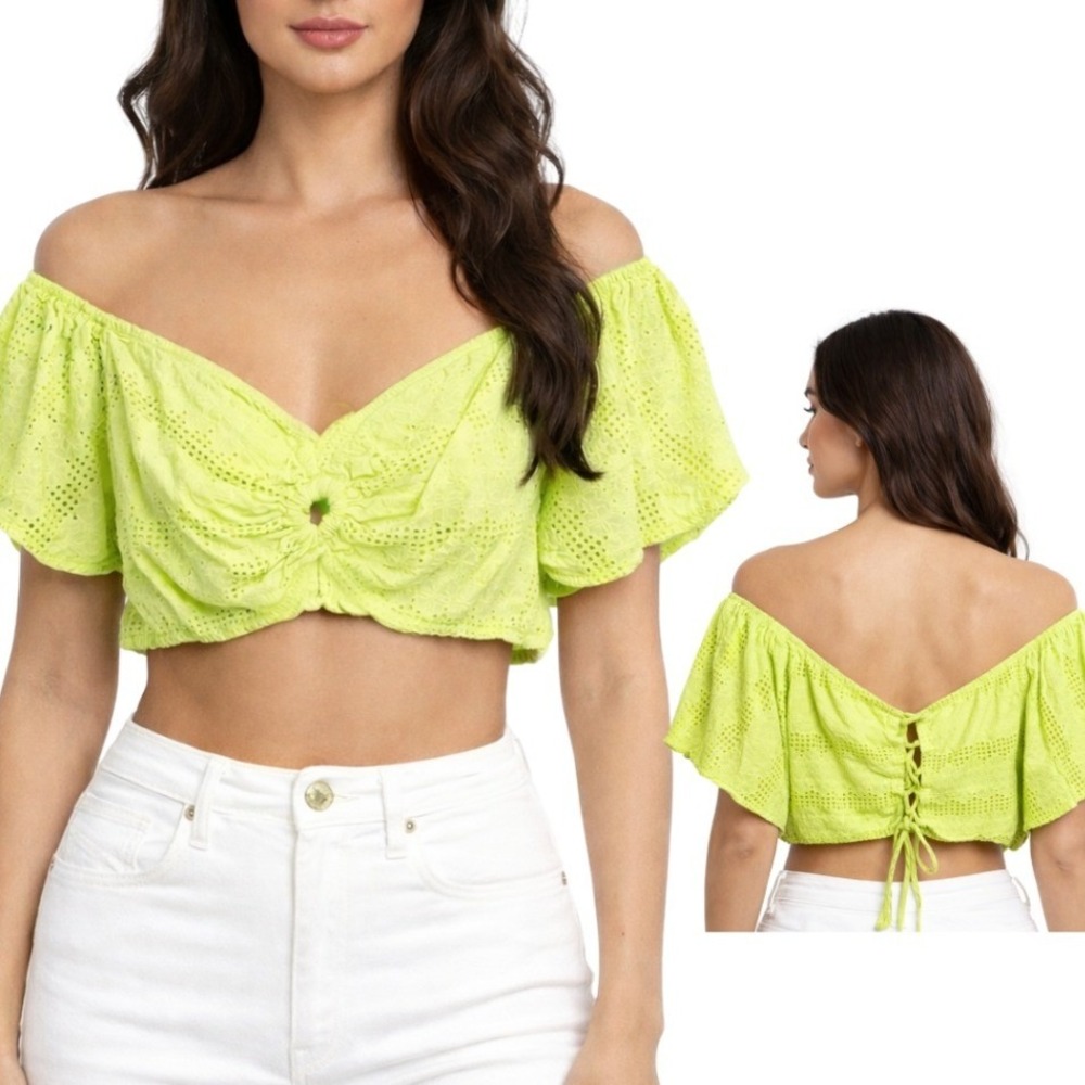 Wild Fable NWT Lime Green Eyelet Off Shoulder Crop Top XXL Neon Lace Up Back